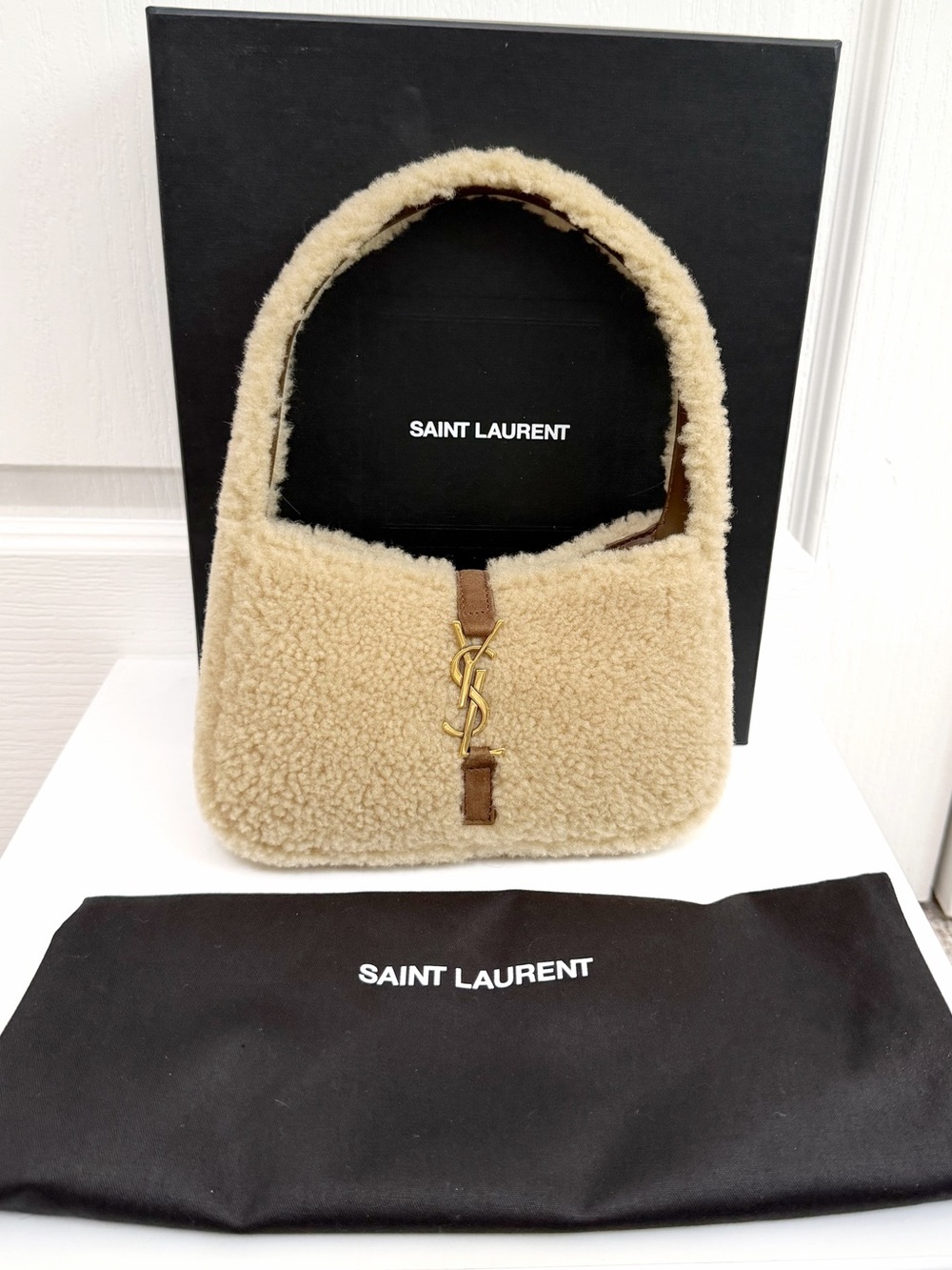 Saint Laurent Le 5 a 7 Shearling Shoulder Bag with Gold YSL